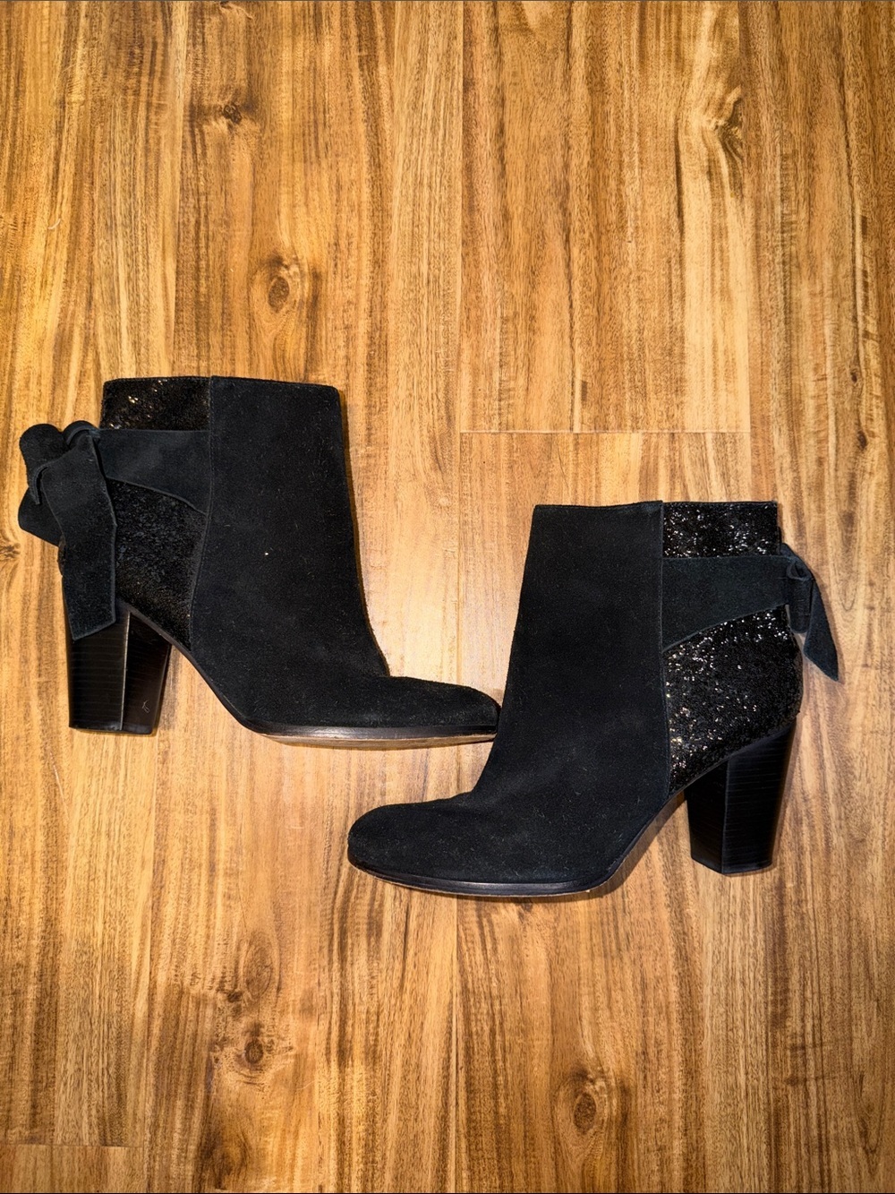 Kate Spade New York Landon Bootie women 10 Black Suede Ankle Bow glitter 3”